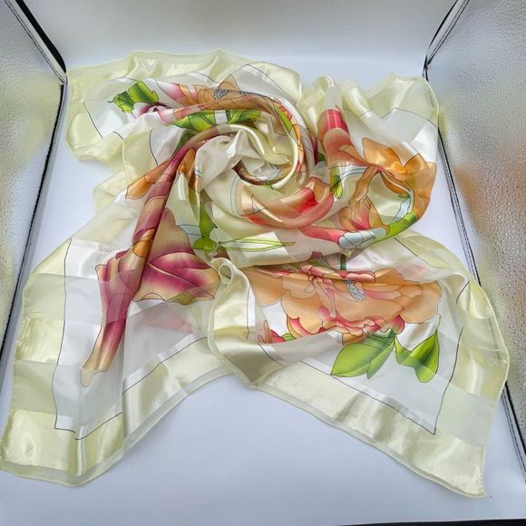 Silk Square Scarf Women 37 x 37 Inches Shawl Wrap floral Yellow - Picture 8 of 11